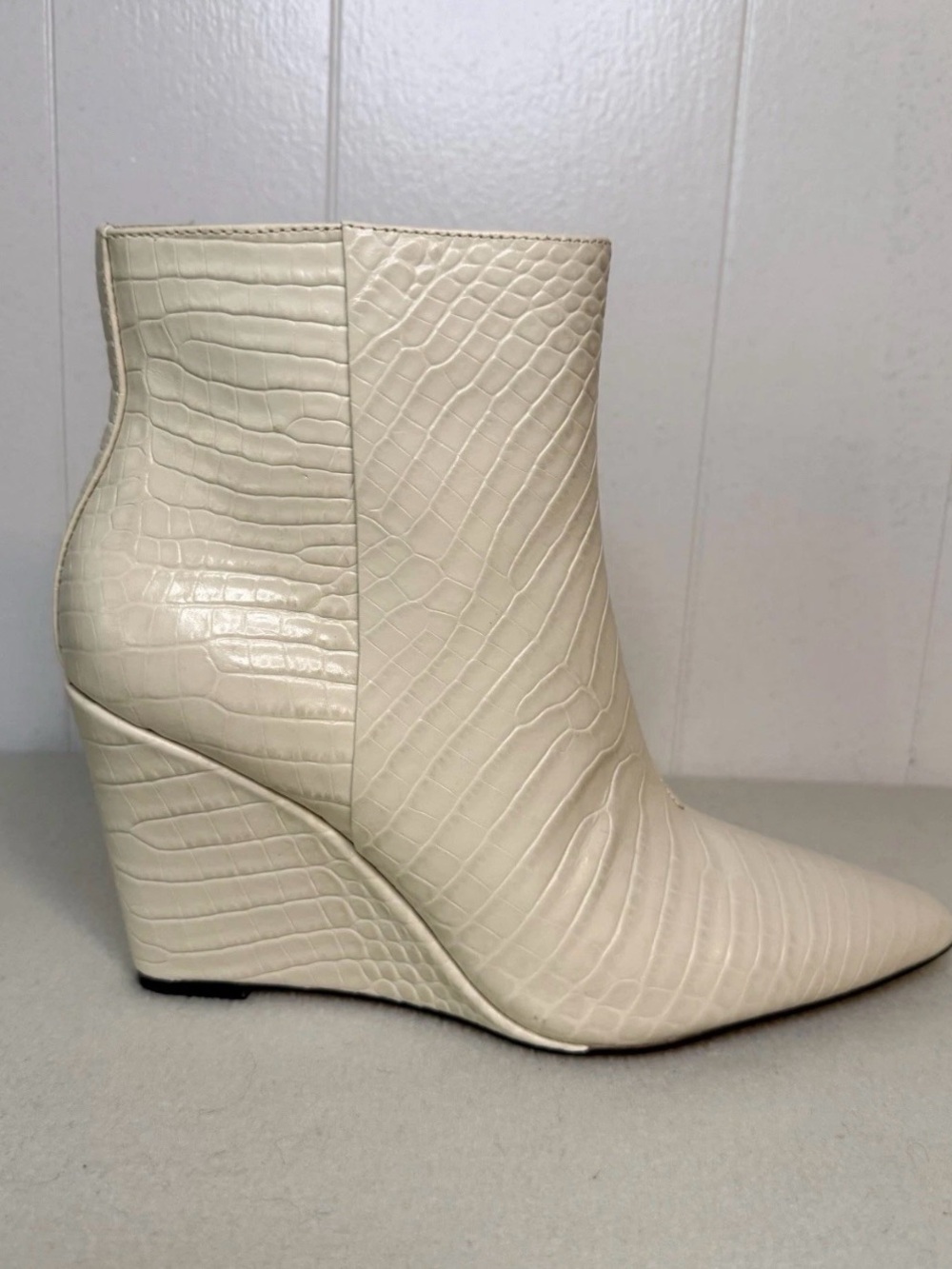 Vince Camuto Croc-Embossed Cream Wedge Ankle Boots - Picture 9 of 15
